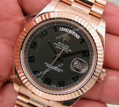 Replica Rolex Day-Date II Watch Black Arabic Dial Rose Gold Case